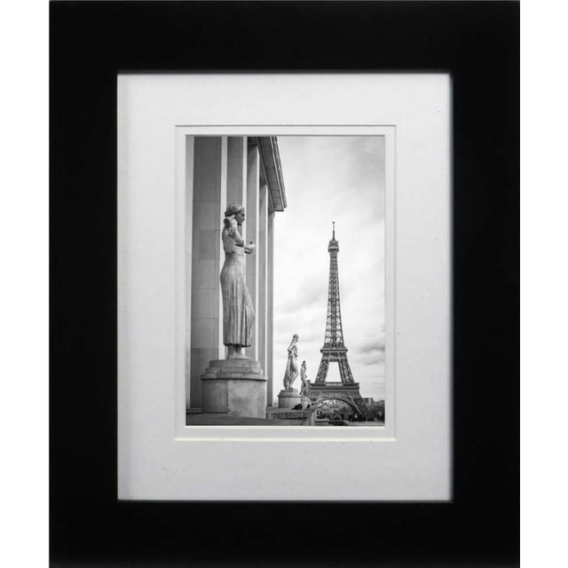 Hometrends Museum Frame 11x14in. Black Wall Picture Frame featuring a black and white photo of the Eiffel Tower viewed from a Paris balcony with classical statues and columns, framed with double white mats and black engineered wood molding, suitable for vertical or horizontal wall or tabletop display.