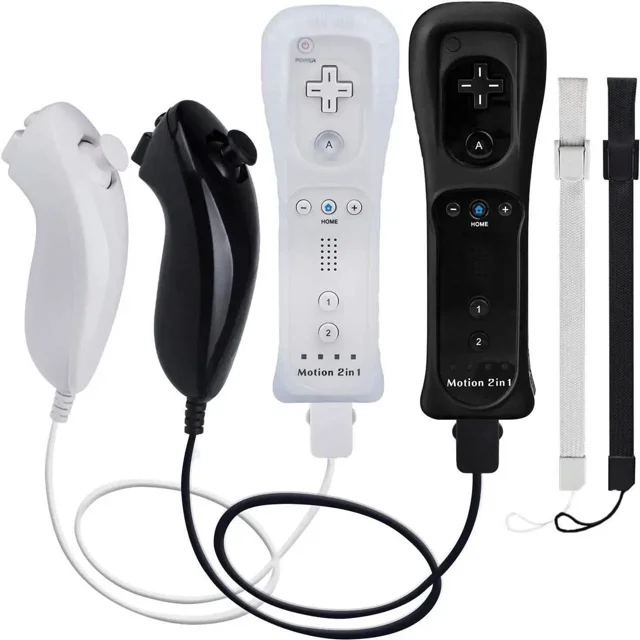 Motion Plus Wii Controllers 2Packs with Nunchucks, Wii Remote Controllers Compatible for wii and Wii U with Built in Motion Plus centered front view of Werleo Wii remote controllers with nunchucks; built-in MotionPlus and 3-axis nunchuck sensor, visible sync button and LED player indicators, ergonomic grip, batteries and Wii console not included. Often used as spare controllers for local multiplayer or party fitness games.