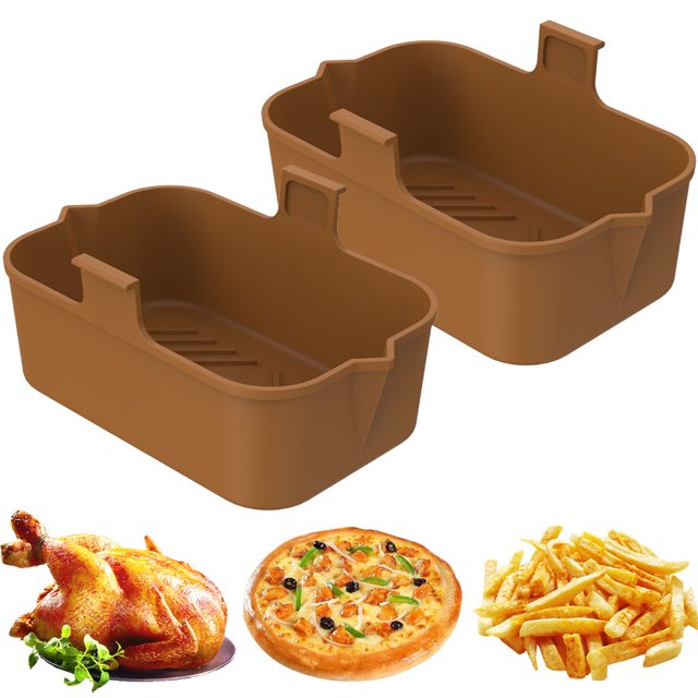 2Pcs Air Fryer Silicone Pot with Handle Reusable Air Fryer Liner Heat Resistant Air Fryer Silicone Basket Rectangle Baking Pan Air Fryer Accessories Liners for Double Basket Air Fryer Ove
