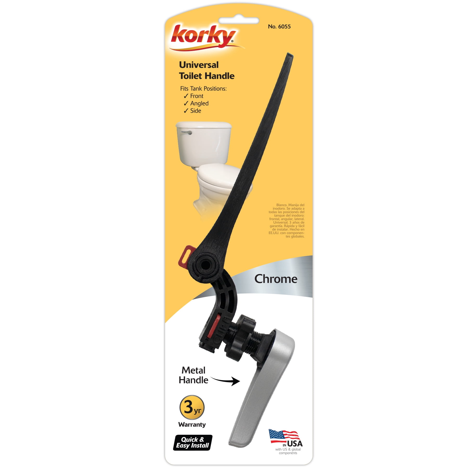 Korky Toilet Handle, Chrome Metal Handle - Tank Lever Replacement - Universal to Fit Front, Angled, and Side Left Mount Toilets - 6055
