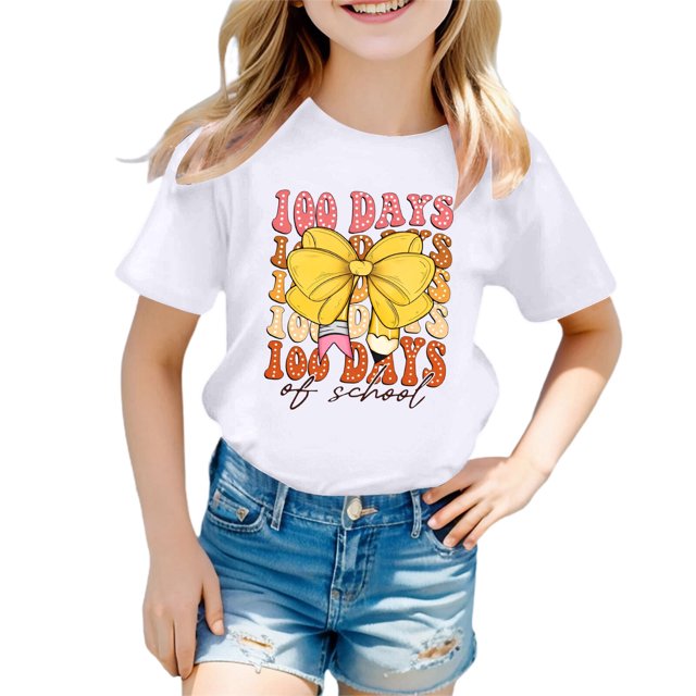 LUOGENLI T-Shirt pour Filles Enfants Mode Décontractée Imprimé Col Rond Ample Manche Courte T-Shirt Haut Maxi Chemises pour Filles Paquet Blanc 4-5 Ans