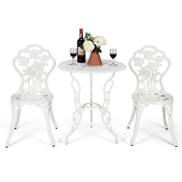 Patiojoy Ensemble Bistro au Design de Roses Banc en Aluminium Antique Chaise de Jardin de Patio pour l'Extérieur Blanc