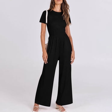 Combinaisons pour Femmes, Combinaison Décontractée pour Femmes à Col Rond, Manches Courtes, Taille Moyenne, Jambes Larges
