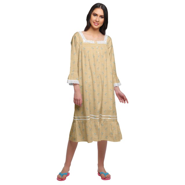 Moomaya Robe de Nuit en Coton à Manches Longues à Encolure Carrée Imprimée pour Femmes