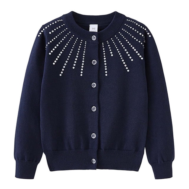 RXIRUCGD Girls Rhinestone Knitted Cotton Cardigan Jacket( Dark Blue, Size:8 Years )