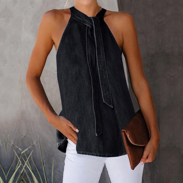 Débardeur pour Femmes Été Hauts pour Femmes Col Rond Aguichant à Dos Nu à Nouer Couleur Unie Sans Manches Gilet T-Shirt Hauts Aguichant en Liquidation