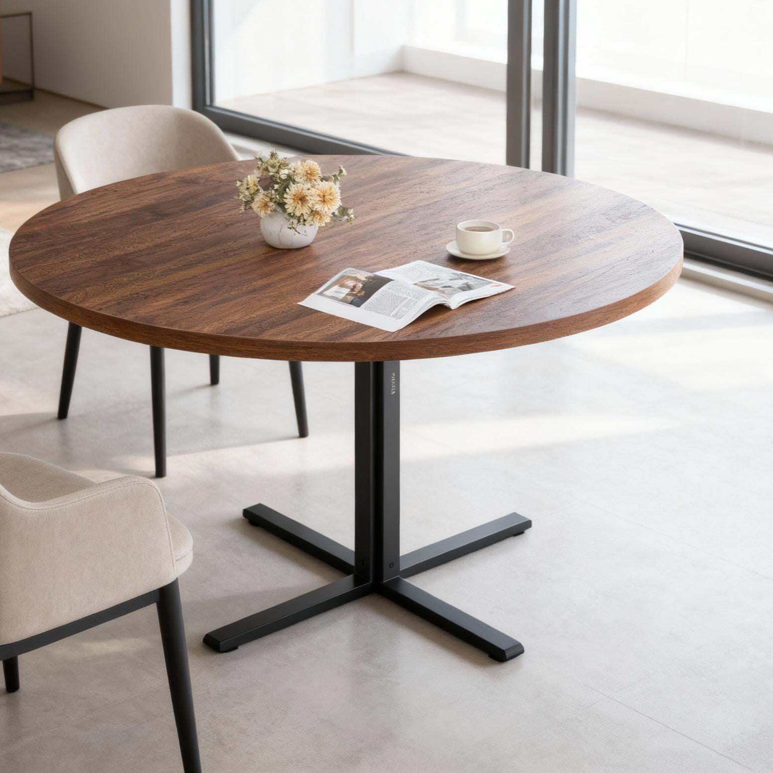 LEDREM Round Dining Table for 2–4 People, Small Kitchen Table with Steel Frame, Water-Resistant Tabletop, Easy Assembly, Farmhouse Dining Table, Somber Walnut