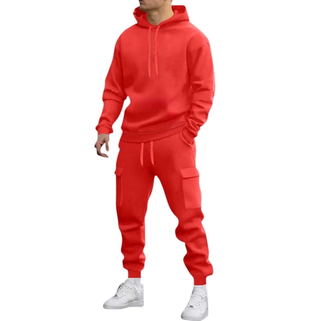 Mens Long Sleeve, Tracksuit with Hooded Pullover and Elastic Waist