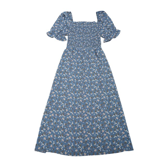 INSPIRE CHIC Robe pour Femme Smockée à Fleurs à Encolure Carrée Manches Courtes Bouffantes Printemps Été Robes Midi Bleu Poussiéreux S