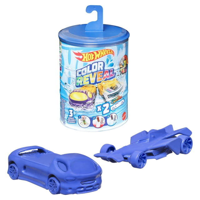 Hot Wheels Color Reveal Vehicle 2pk with two blue 1:64 scale toy cars coated in Color Reveal paint, displayed with the blue barrel drum packaging used for water-activated color changes and storage, suitable for kids aged 3 and up.