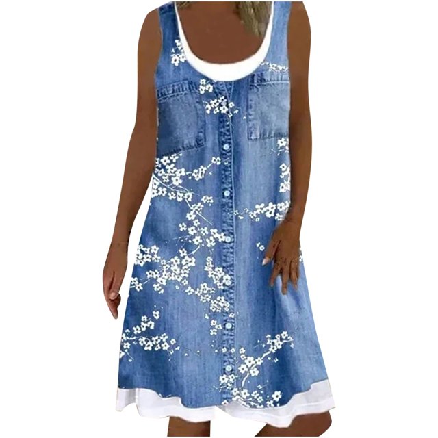 Hauts de Robe pour Femmes Femmes Mode Décontractée Imprimé Floral Ample Faux Deux Pièces Robe en Denim