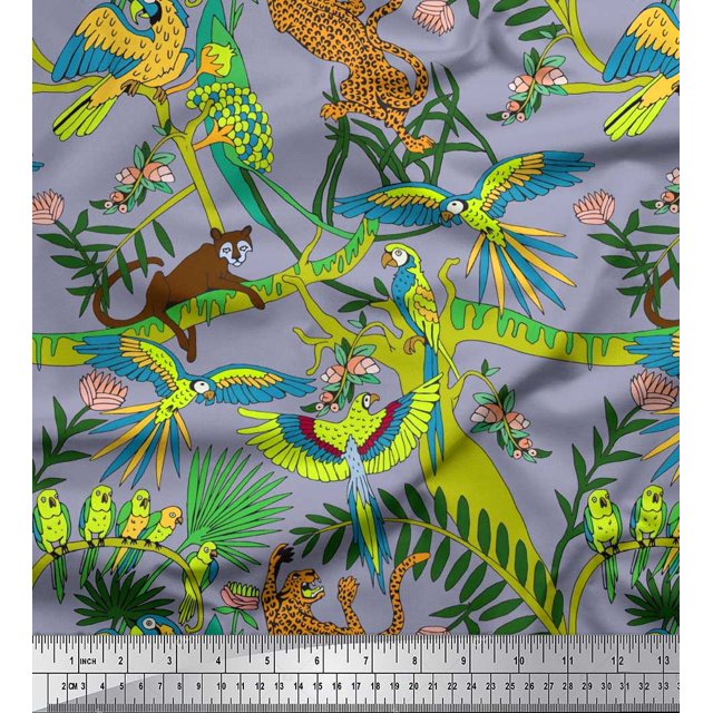 Soimoi Rayon Fabric Branches,Parrot & Leopard Jungle Decor Fabric Printed Yard 42 Inch Wide