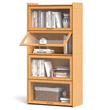 Gymax 4-Tier Bamboo Bookshelf w/Doors See-through Acrylic Doors Freestanding Bookcase Natural