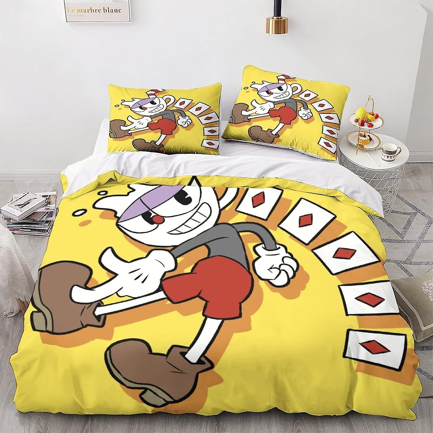 Refurbished ETW Cuphead Pattern Duvet Cover Set w/ Pillowcases, Double Size 135x200 cm