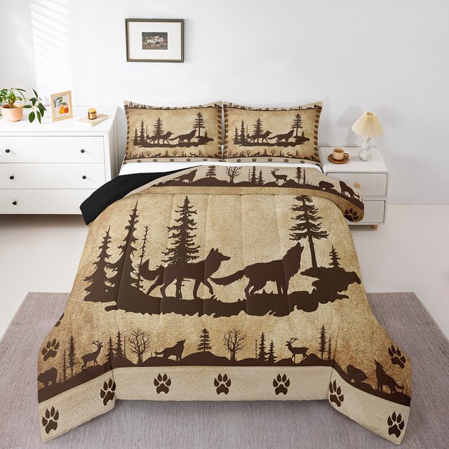 Wolf King Bedding Set,Rustic Farmhouse Cabin Comforter Set for Kids Teens Adult,Rural Elk Deer Moose Wild Animals Duvet Insert,Vintage Hunting Theme Tree Jungle Quilt Comforter 3 Pcs