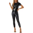 thumbnail image 2 of INSPIRE CHIC Women's Party Metallic Textured Short Sleeve Shiny Multicolor Top Shiny Black L, 2 of 5