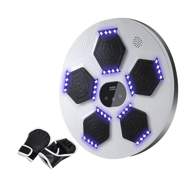 Boxing Machine Music Boxing Machine Wall Target for Exercise Karate Practice in white, featuring a circular design with five black hexagonal strike pads surrounded by LED lights. Includes Bluetooth speaker, intelligent induction, and adjustable training modes. Made of durable PVC material, measuring 40cm x 40cm (15.75 inches x 15.75 inches). Comes with a pair of black gloves, USB cable, manual, double-sided tape, and straps. Suitable for boxing, taekwondo, and MMA training at home or gym.