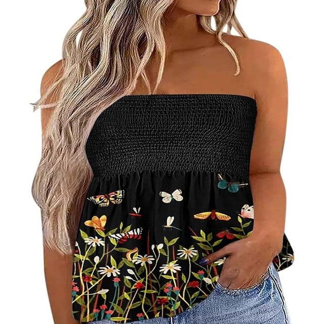 Women‘s Strapless Tank Tops Sleeveless Pleated Gradient Color Ladies Summer Boho Print Loose Fit Pullover