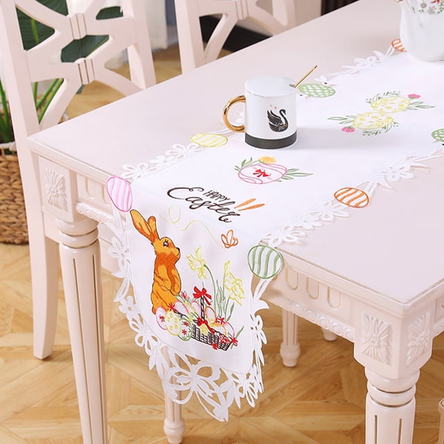 LSLJS Easter Table Runner Bunny Embroidered Table Runner Tablecloth Easter Decoration Suitable for Tables Party Easter Bunny Table Runner, Easter Gifts Easter Decorations