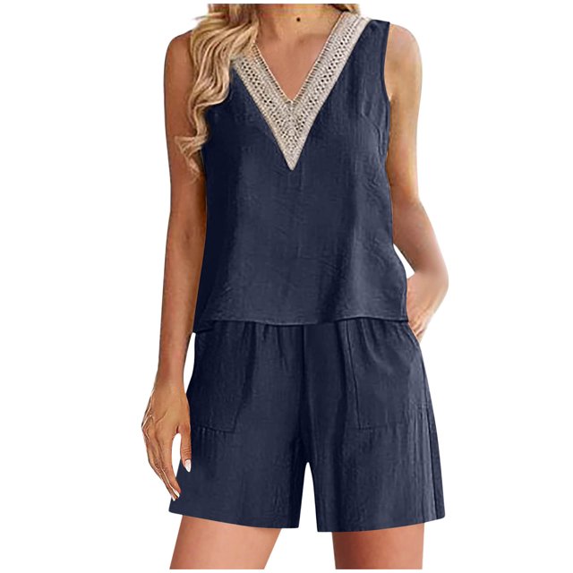 Pantalon en Lin pour Femmes pour l'Été 2 Pcs Mode Femme Col Rond Uni Sans Manches Blouse + Ample Coton Lin Poches Pantalon Ensembles Courts Pantalon en Lin Femmes Été Ensembles Courts pour Femmes pour l'Été