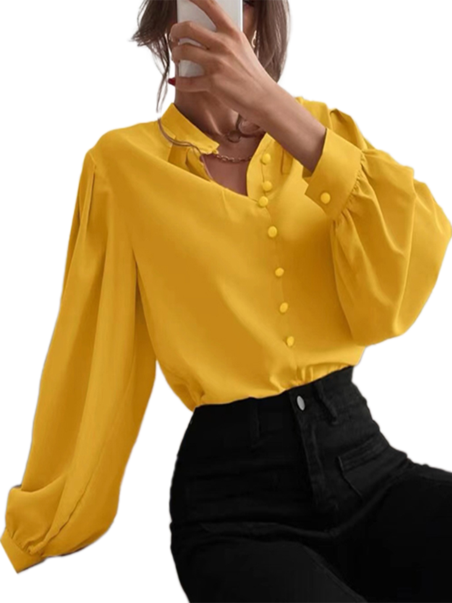 LUXUR Hauts à Manches Longues pour Femmes Chemises de Travail Amples Jaune TTG