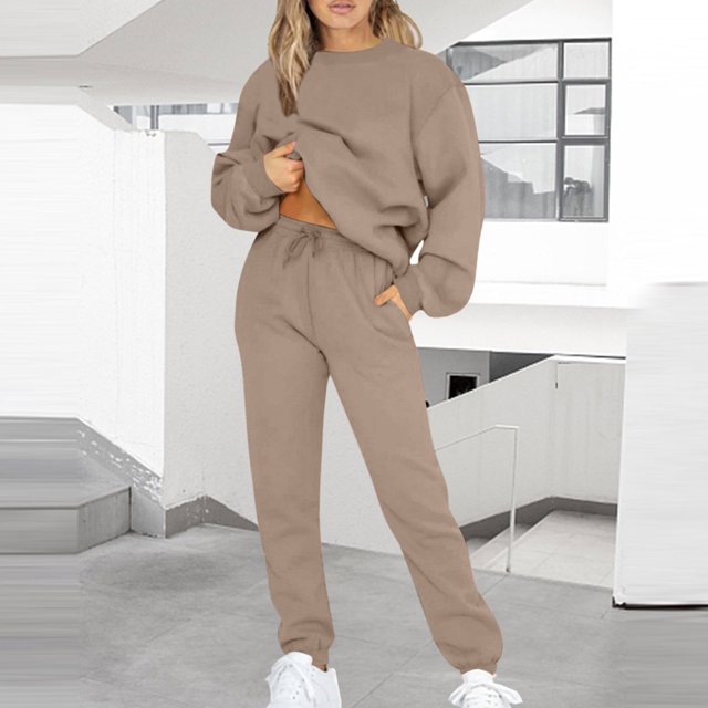 FNFYFH Clearance Athletic 2 Piece Outfits for Women Fleece Sweatshirts Sweatsuits Comfort Fit Long Sleeve Pullover with Drawstring Sweatpants 2 Pcs Matching Set Khaki,L