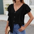 thumbnail image 4 of Yuyuzo Womens Button down Shirts Summer Deep V Neck Short Sleeve Blouses Ruffle Loose Fitted Flowy Tees, 4 of 7