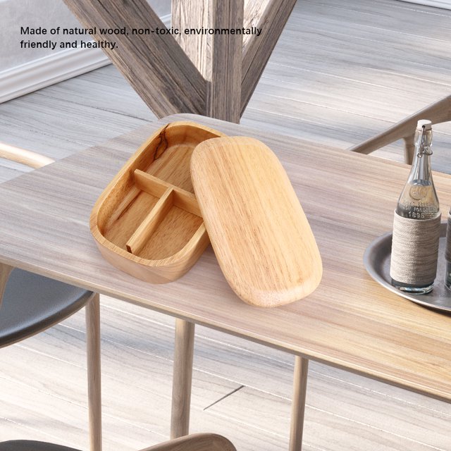 Lunch Box, Wooden Lunch Box Kids Bento Box Food Storage Container School Picnic Square Bento Box 3 Compartment Bento Box