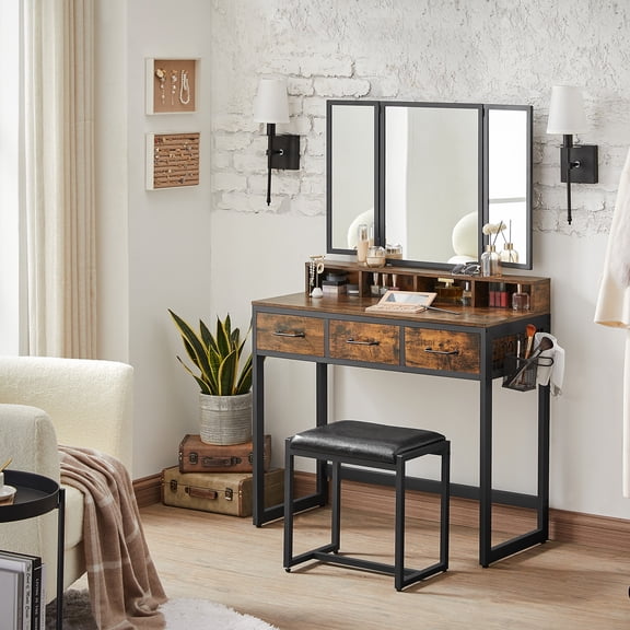 VASAGLE Ensemble de Coiffeuse avec Miroir et Tabouret, Coiffeuse de Maquillage avec Miroir Trifold, 3 Tiroirs, Brun Rustique et Noir, Adulte