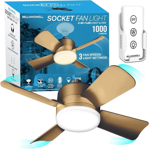 Bell + Howell Socket Fan Light Bronze 2-in-1 LED Bulb 1000 Lumens with Remote Control 3 Speeds 3 Light Settings E26 Base