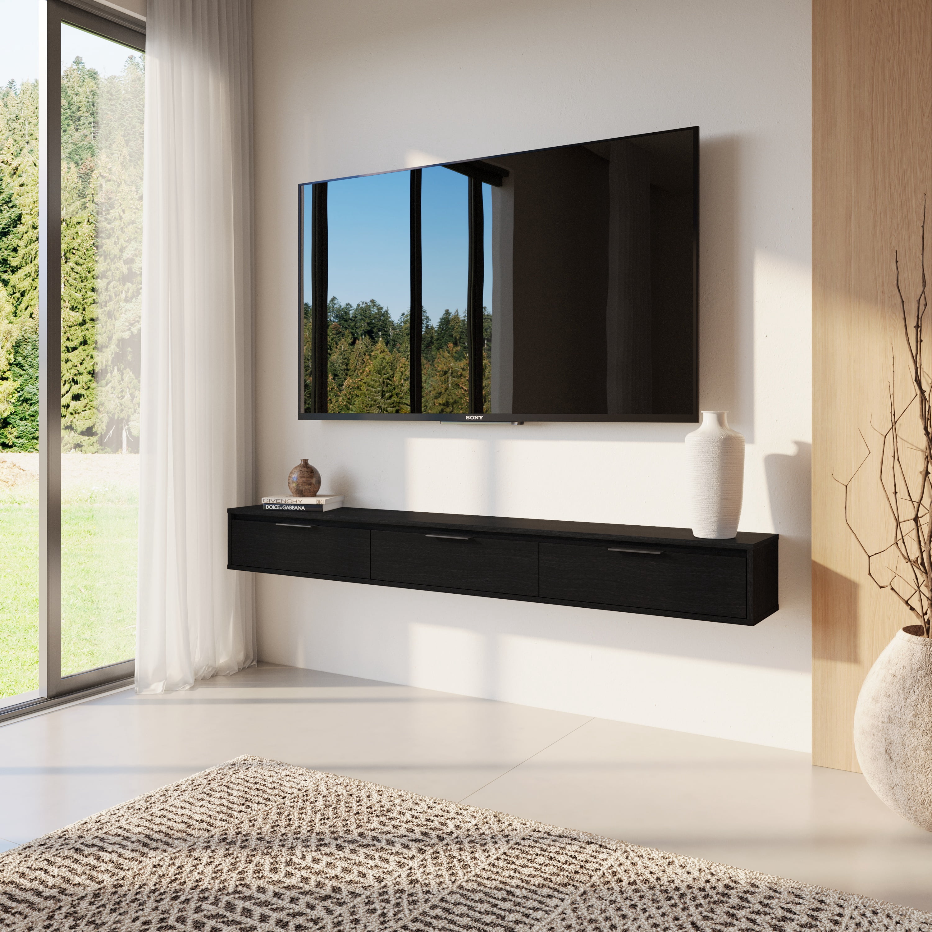 Meuble TV mural Nexera Slim 72 po à 3 portes et 3 armoires, noir