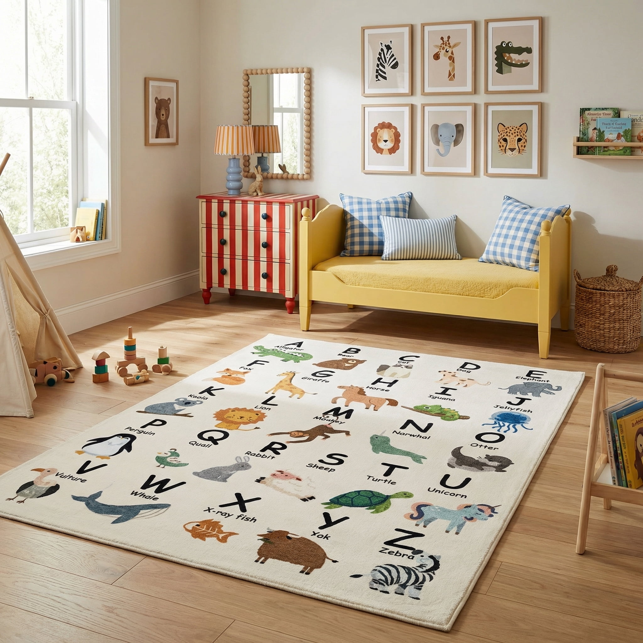 Rug Branch Soft Steps Playtime Alphabet Animaux, Tapis d'apprentissage educatif doux, blanc beige - Garçons et filles dans la salle de jeux, la creche, la chambre a coucher
