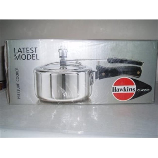 Hawkins Classic Aluminum Pressure Cooker with a 2-litre capacity, featuring a mirror-polished exterior and matt-finish interior. The pressure cooker includes a whistling pressure regulator, shielded safety valve, and stay-cool handles for safe and efficient cooking. Suitable for gas, electric, ceramic, and halogen cooktops. Packaged in a branded box displaying the Hawkins Classic logo and product details.