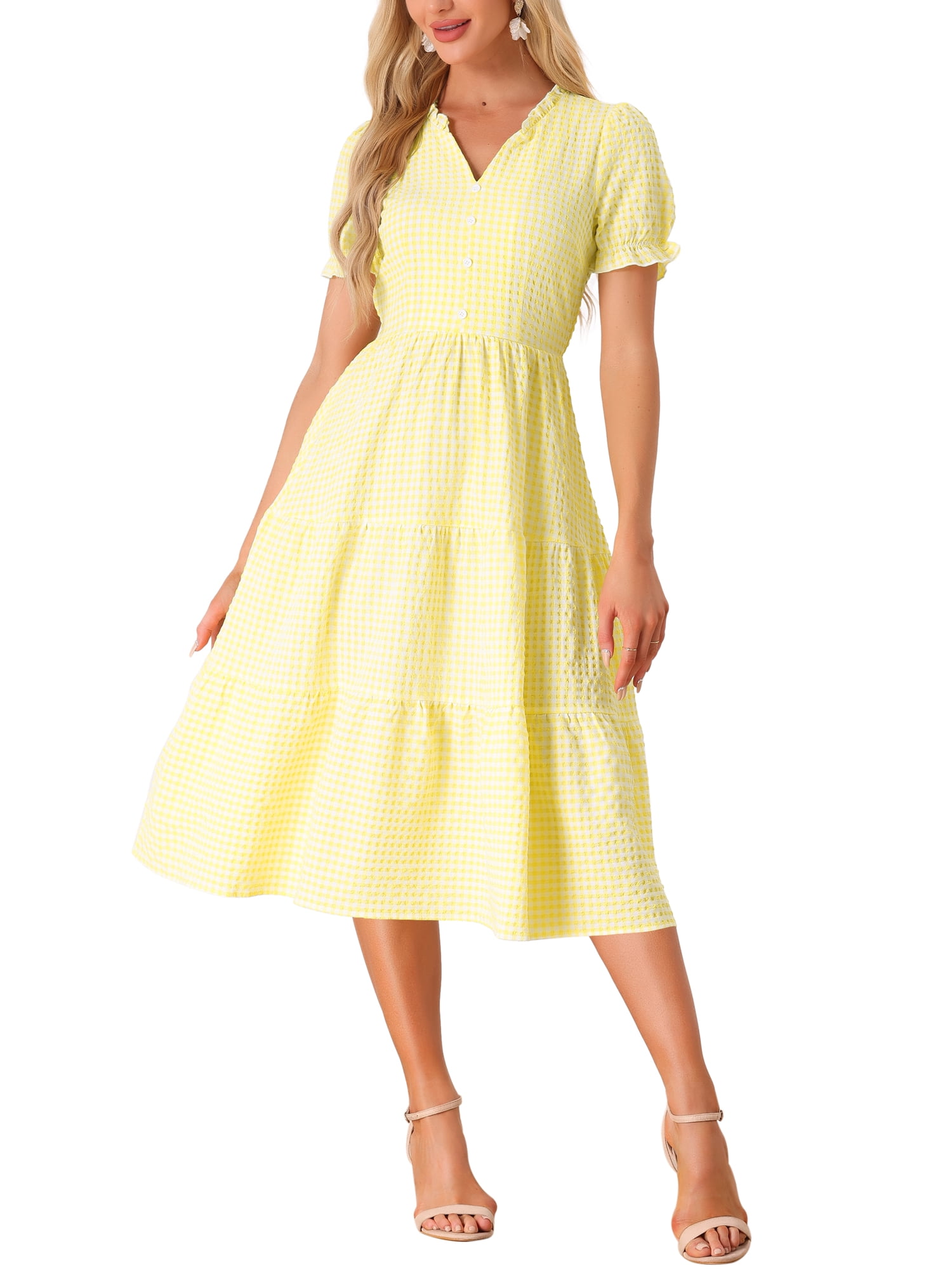 INSPIRE CHIC Robe à Carreaux pour Femme d'Été avec Volants, Col en V, Décor de Boutons, Midi Fluide, m Jaune