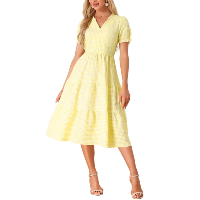 INSPIRE CHIC Women's Gingham Dress Summer Ruffle Trim V Neck Button Decor Flowy Midi Dresses S Yellow