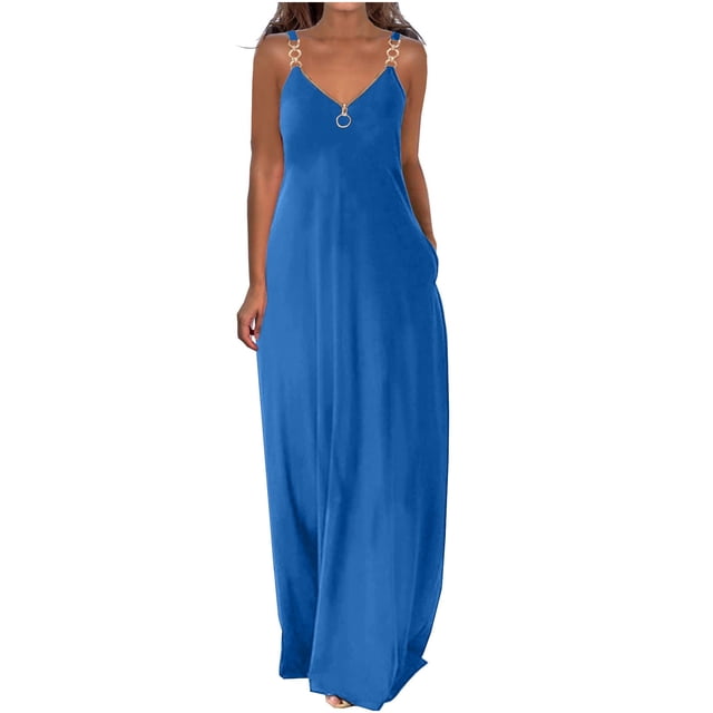 Pompotops Robes d'Été pour Femmes Décontractées Boho Couleur Unie à Bretelles Anneau Plage Longue Robe Maxi avec Poches