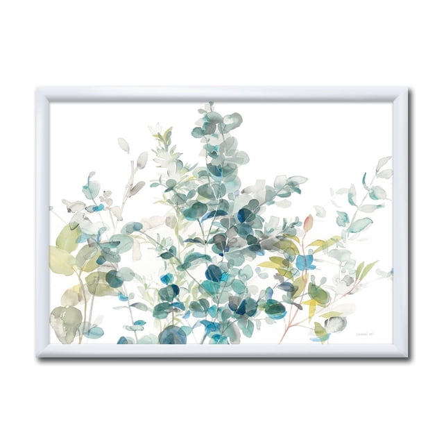 Designart Eucalyptus Natural Element Framed Wall Art features a centered watercolor of eucalyptus leaves in blue and green on premium cotton canvas, mounted in a white 1.5-inch frame. This traditional floral print arrives ready to hang with included hardware, suitable for enhancing home décor with natural elements.