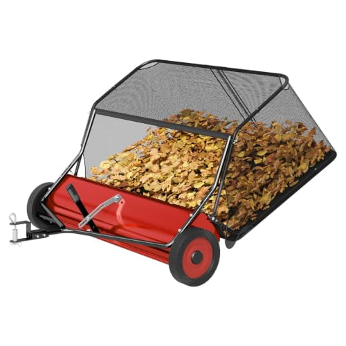 Balayeuse de Pelouse 52 Pouces à Remorquer derrière, Collecteur de Feuilles et d'Herbe de 26 Pi3 pour Trémie, Levier de Brosse Ajustable, Corde de Baisse de Siège, Rangement Pliable, Cadre en Acier, Attelage Universel pour Tracteur, Poils en nylon Robustes