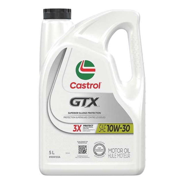Castrol GTX 10W30 – Contenant d'Huile de Moteur 5 L en Plastique Blanc avec Poignée Intégrée et Capuchon Noir, Mettant en Vedette le logo Castrol et la Marque GTX, Étiqueté pour une protection Supérieure contre les Boues et une protection contre les Dépôts 3X, Convient aux Moteurs à Essence.