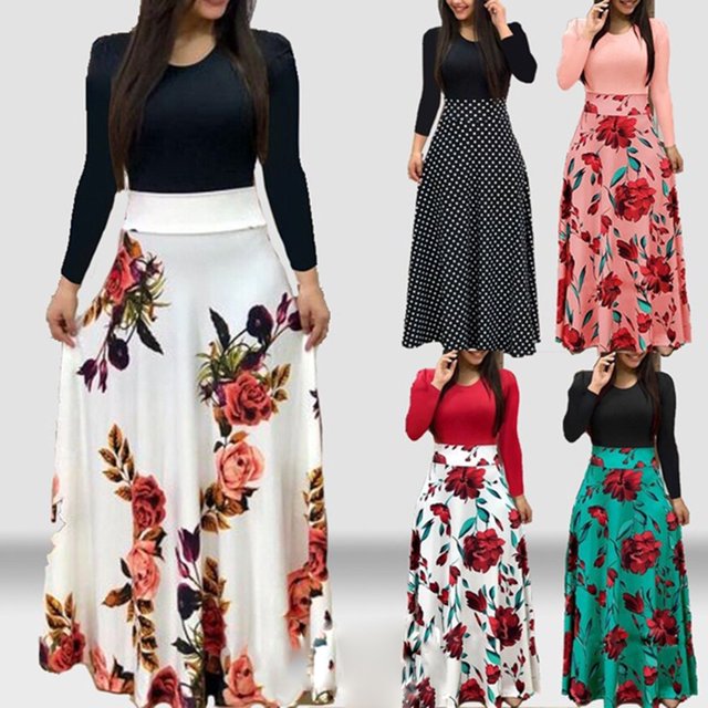 MesaSe Robe Maxi à Manches Longues à Fleurs d'Été à Pois pour Femmes