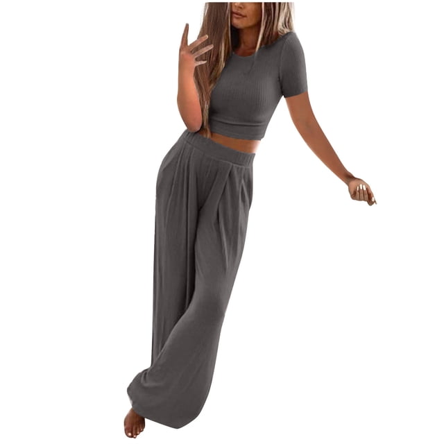 Ensembles de Printemps pour Femmes 2024 Ensemble Jupe 2 Pcs pour Femmes Ensemble de Vêtements Femme Col Rond Manches Courtes Hauts Pantalons Ensembles Pantalons Style Pantalon S_6 Survêtements pour Femmes Gris Foncé m