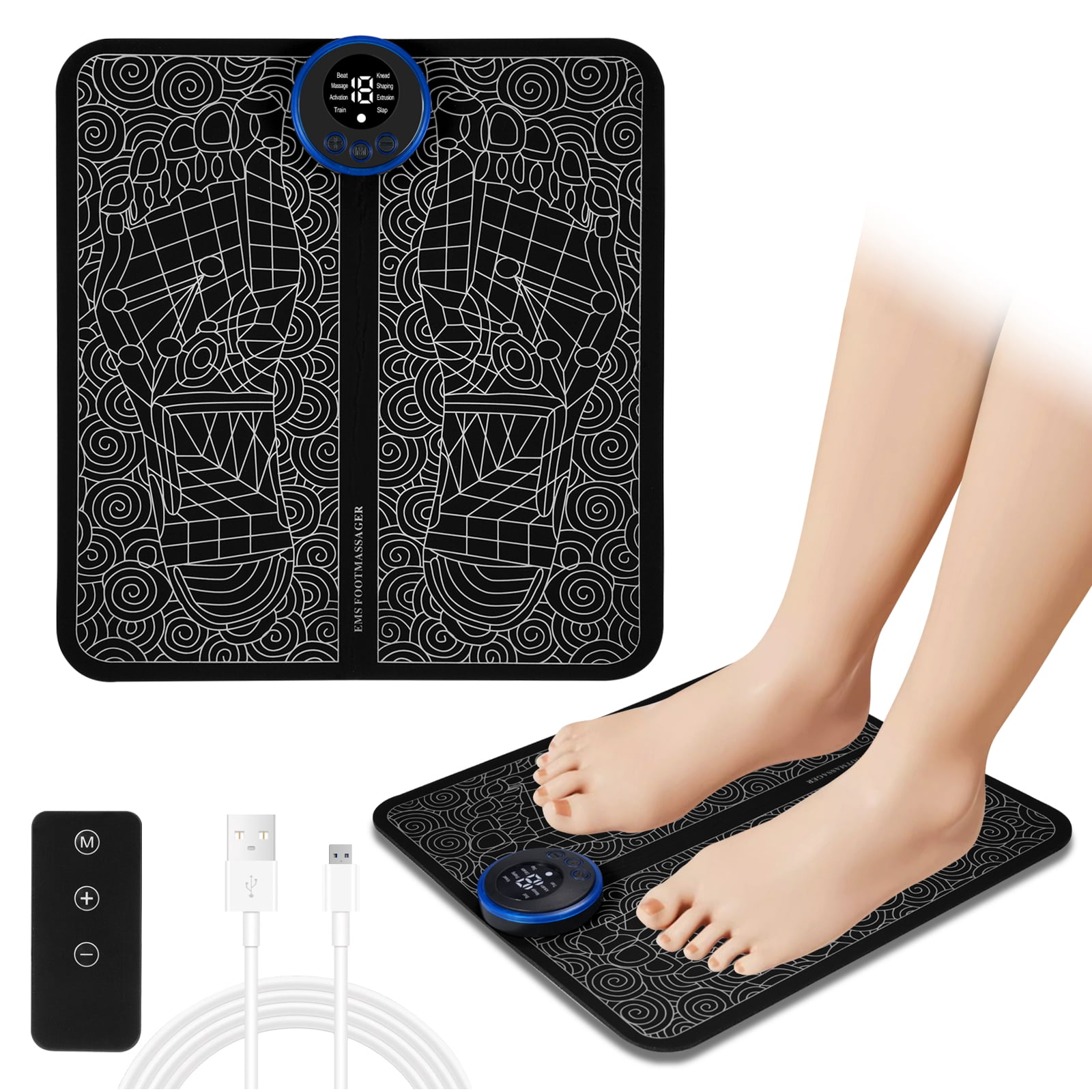 Portable Foldable EMS Foot & Leg Circulation Massager Mat - 19 Intensity Levels, 8 Vibration Modes with Remote Control, USB Rechargeable, Soft Yoga Mat Leather Surface, Lightweight 64g, Black,