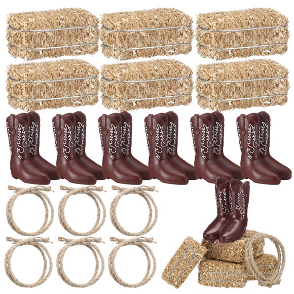 DoubleFill 6 Sets 6 Sets Western Cowboy Party Centerpieces Decoration Mini Hay Bales Mini Cowboy Boots Table Centerpieces Twisted Jute Rope for Western Wedding Birthd