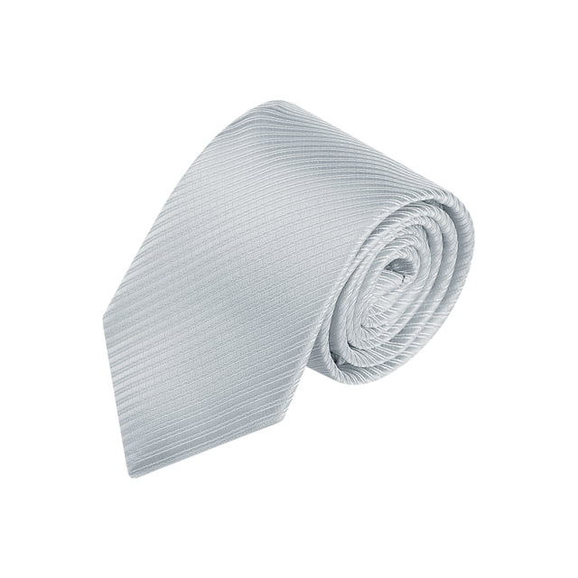 INSPIRE CHIC Men's Solid Color Narrow Stripes Necktie in gray, crafted from 100% polyester with a soft, silky texture. Measuring approximately 145cm (57.09 inches) long and 8cm (3.15 inches) wide, this tie features a subtle striped pattern. Ideal for formal events like weddings, business meetings, and presentations.