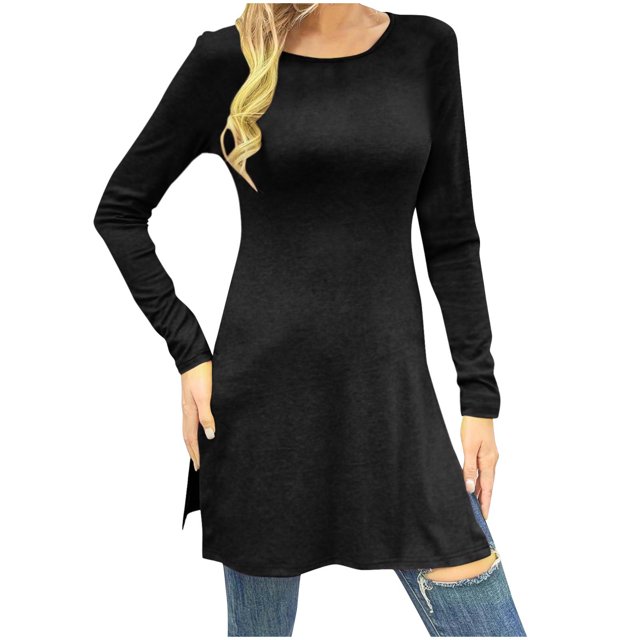 SROBPTY Longues Chandails à Manches pour Femmes, Mode pour Femmes Manches Longues Col Rond Taille à Pince Long Noir, TTG