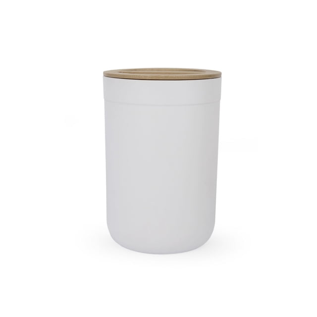 MAINSTAYS Bamboo and Plastic Toothbrush Holder with a cylindrical white plastic body and flat bamboo lid, designed for bathroom countertop storage and organization, also suitable for holding small bathroom accessories.