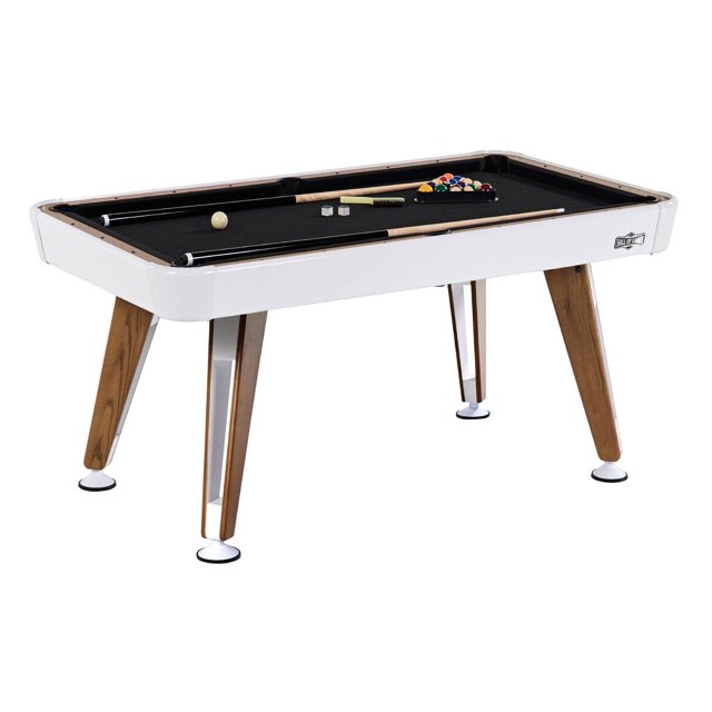 5.5 ft Apex White Pool Table by Hall of Games with black velvet drop pocket playfield, white laminated apron, and oak wood grain laminated legs, including billiard accessories such as two 48-inch cue sticks, a set of 1.75-inch pool balls, chalk, and a triangle rack, ideal for compact game rooms.