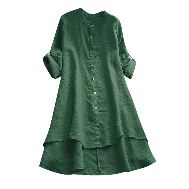 Pompotops Chemise Longue Décontractée d'Été pour Femmes, Col Rond, Ample, Couleur Unie, Boutonnée, Manches Longues, Blouse, Liquidation