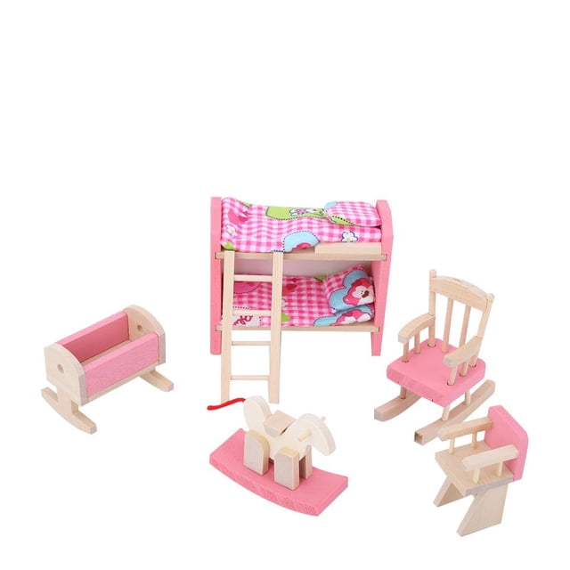 Fyydes Ensemble de Meubles de Maison de Poupée en Bois Conçu pour les Maisons de Poupée à l'Échelle 1:12, Comprenant une collection de Petites Pièces de Mobilier en Bois. l'Ensemble Comprend un Lit Superposé en Bois Rose et Naturel avec une Échelle, une Chaise Berçante, un Berceau, un Cheval à Bascule et une Petite Chaise, le Tout avec des Détails Complexes. le Lit Superposé Est Orné de Literie et de Coussins à Carreaux Roses. Convient à Diverses Pièces de Maison de Poupée comme les Chambres d'Enfants, Cet Ensemble Favorise le Jeu Imaginatif et le Développement Intellectuel