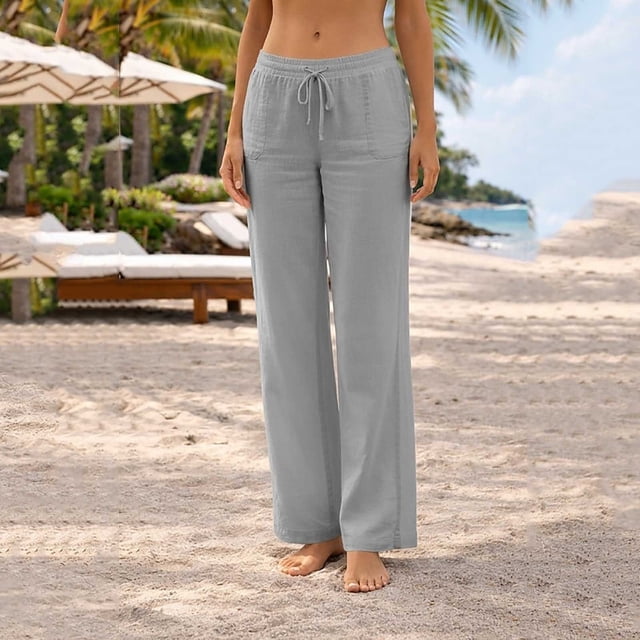 Nuoqisi Women Linen Pants Wide Leg Palazzo Pants Cotton Linen Drawstring Summer Pants with Pockets